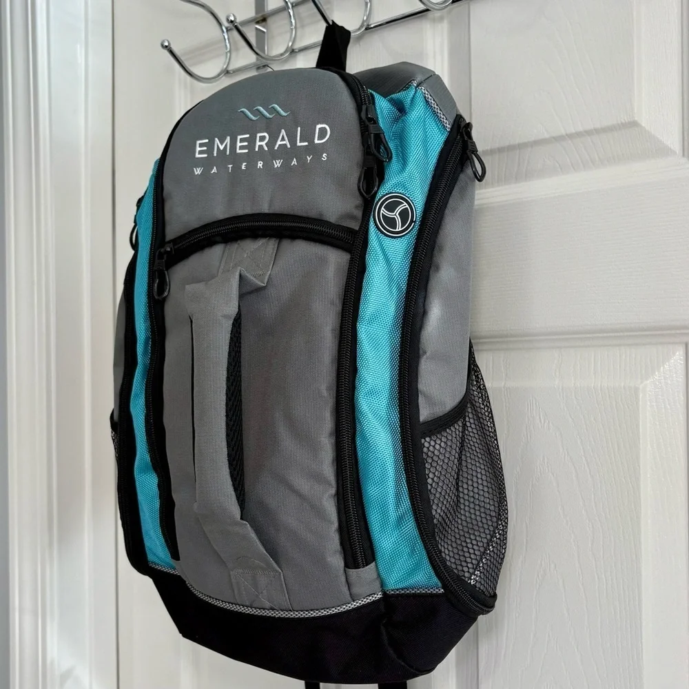 Emerald Waterways Daypack, Backpack Travel Bag -Gray Blue Black Side Pockets EUC